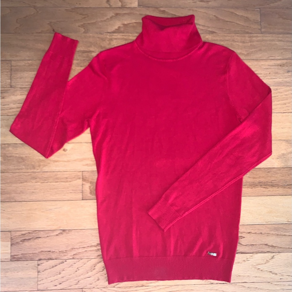 Calvin Klein Red Turtleneck Sweater with Ribbed Detailing, Size Small.